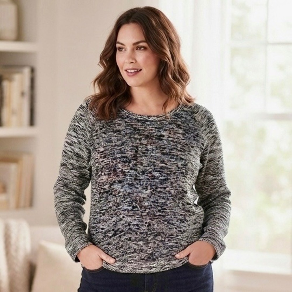 LOFT Womens Black White Space Dye Raglan Sleeve Crew Neck Knit Sweater Large
